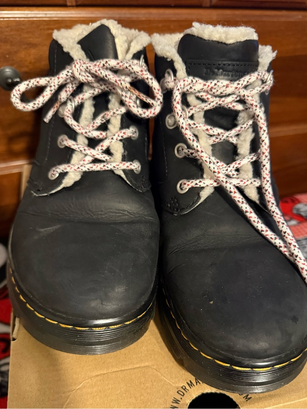 Doc Marten Black Shearling-Lined Lace-Up Boots with Yellow Stitching